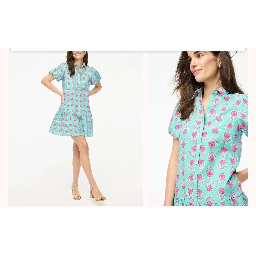 NWT J.Crew Factory Bubble‎ Sleeve Mini Dress Size 4P Green Floral Garden Pockets